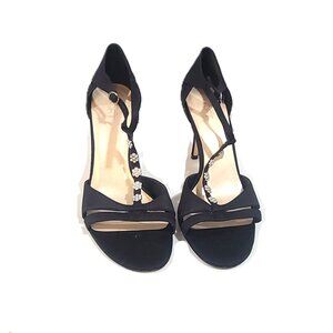 Ann Taylor LOFT sz 9 Strappy Sandals Black Satin T Strap Floral Heels Pumps